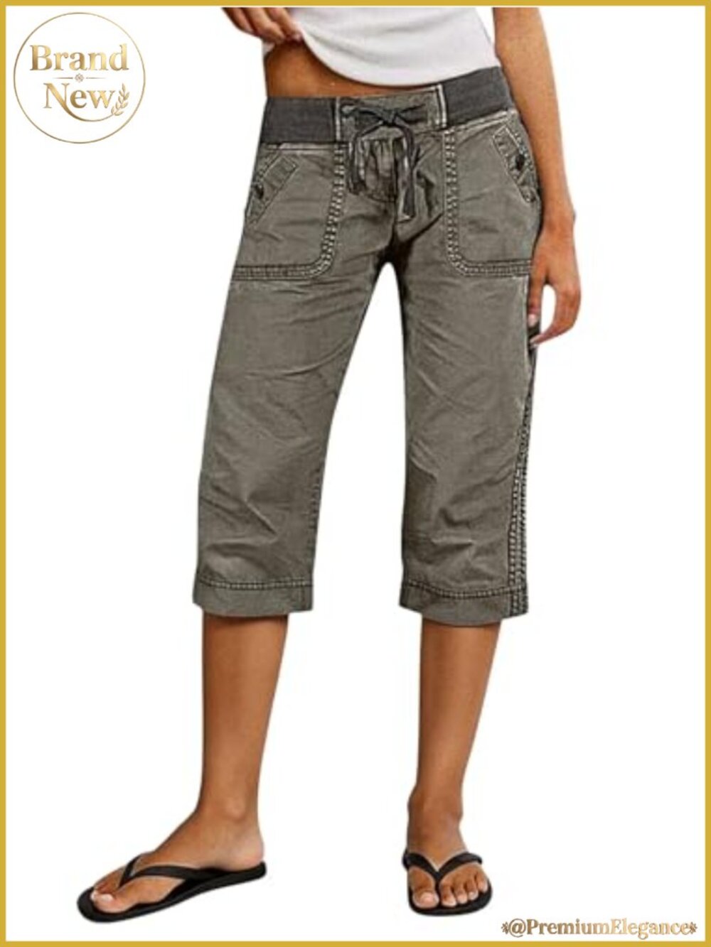 High Waist Straight Leg Capri Drawstring Pants Cotton Spandex